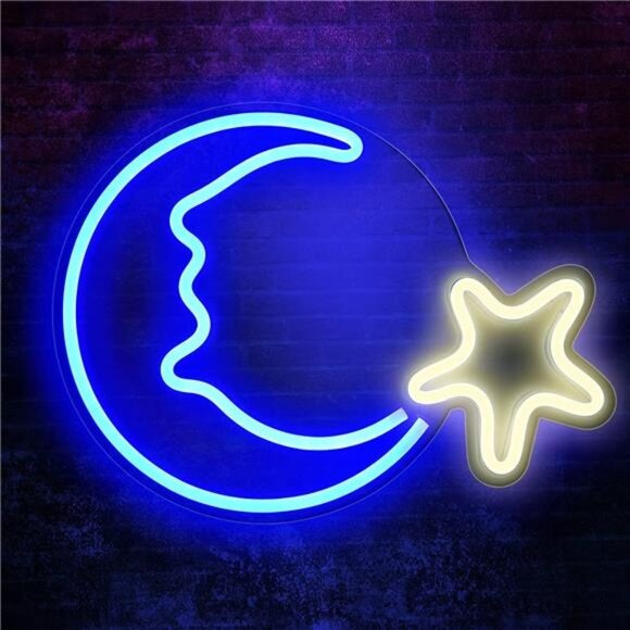 Neon Sign, 15" LED Moon Star Neon Light, Festival LED Wall Decor Art Lights